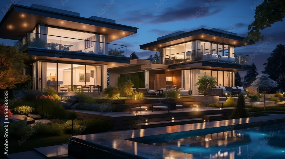 evening outdoor urban view of modern real estate home
