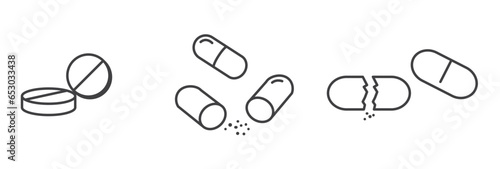 Set of medicines icons. Capsules, pills, powders and tablet. Pharmacological Medications Dosage Outline Cliparts. Disease Treatment Prescription Pictograms Collection. Medical Therapy Vector Design.