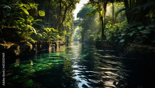 Tranquil scene of a tropical rainforest  with flowing water and green foliage generated by AI