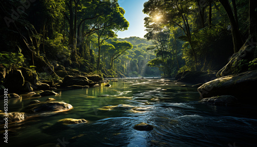 Tranquil scene of a tropical rainforest  green trees  flowing water generated by AI