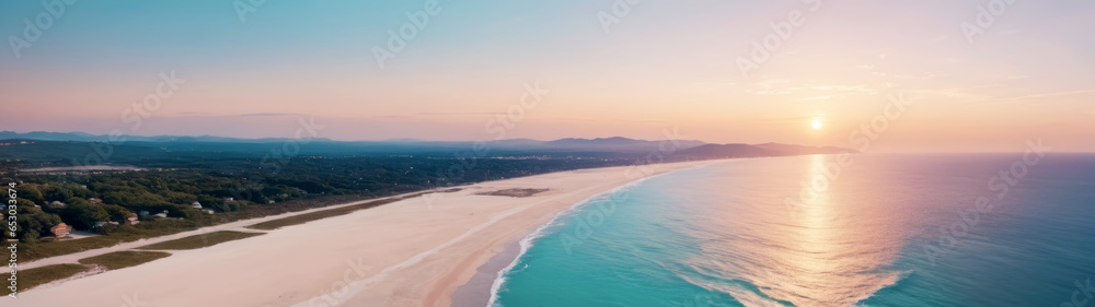 Sunset Dreamland, Aerial Panorama of Sea Beach, AI Generated