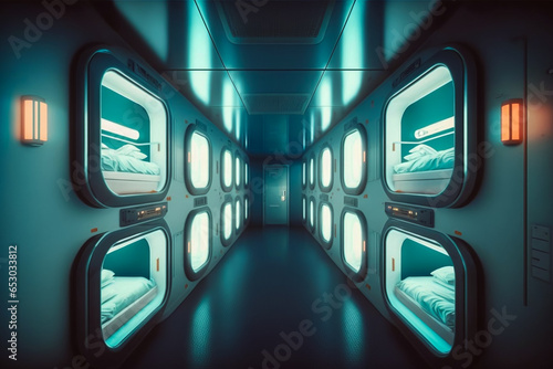 The image of a Japanese futuristic capsule hotel (pod hotel). Maybe a cabin on a spaceship, a place to store something, a flavor like in Japanese anime or manga. photo