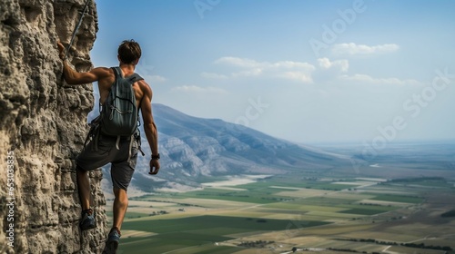 Young man climbing on a limestone wall with wide valley on the background 