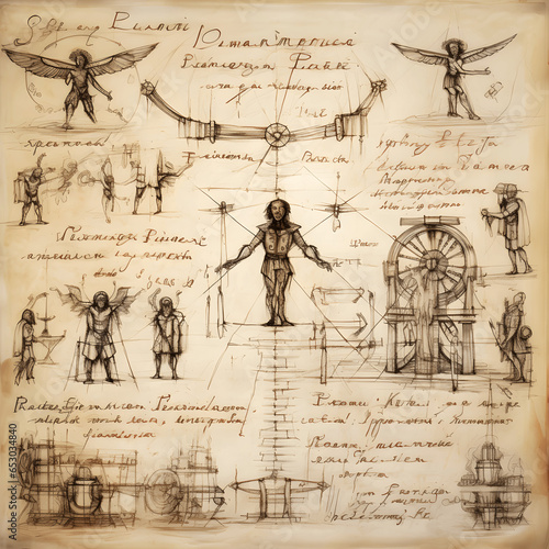 Page composition inspired by Leonardo da Vinci's Vitruvian Man, background sketches and scientific illustrations, pen and ink on parchment paper photo