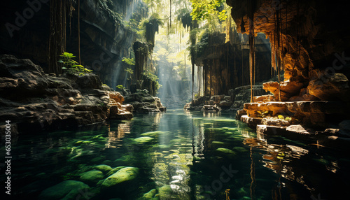 Majestic rock, water flowing, green forest, tranquil scene, tropical adventure generated by AI