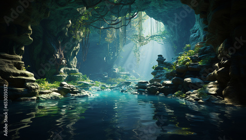 Exploring underwater grotto, men swim in tranquil, mysterious nature generated by AI
