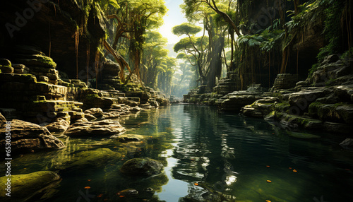 Tranquil scene of a tropical rainforest  flowing water  and green foliage generated by AI