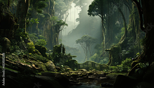 Mysterious fog blankets tranquil tropical rainforest  revealing nature enchanting beauty generated by AI