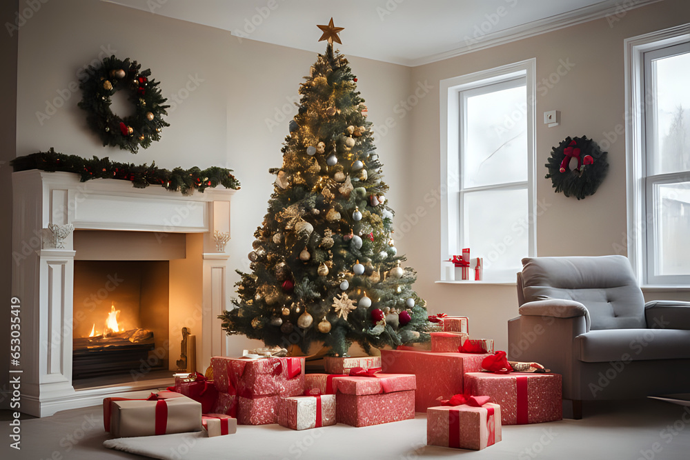 Decorated Christmas tree surrounded by gifts in living room at home with fireplaces