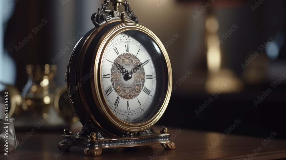 Antique luxury golden table clock on a wooden table Antique luxury golden table clock on a wooden table
