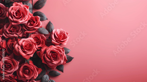 Pink background with red roses in the top right corner
