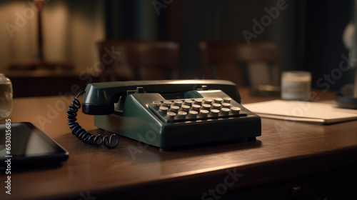 Closeup shot of an old vintage telephone on a wooden table photo