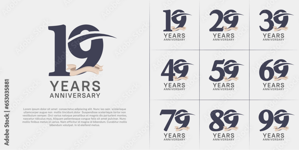 set of anniversary logo with dark color number, swoosh and ribbon can be use for celebration