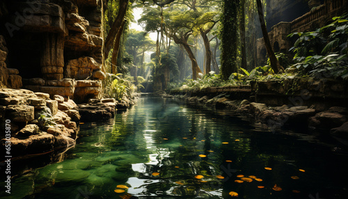 Tranquil scene nature beauty in tropical rainforest  reflecting on pond generated by AI