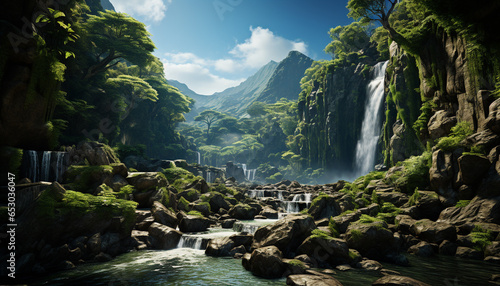 Majestic mountain range, tranquil scene, falling water, natural beauty generated by AI