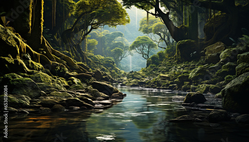 Tranquil scene tropical rainforest, flowing water, mysterious old stone generated by AI
