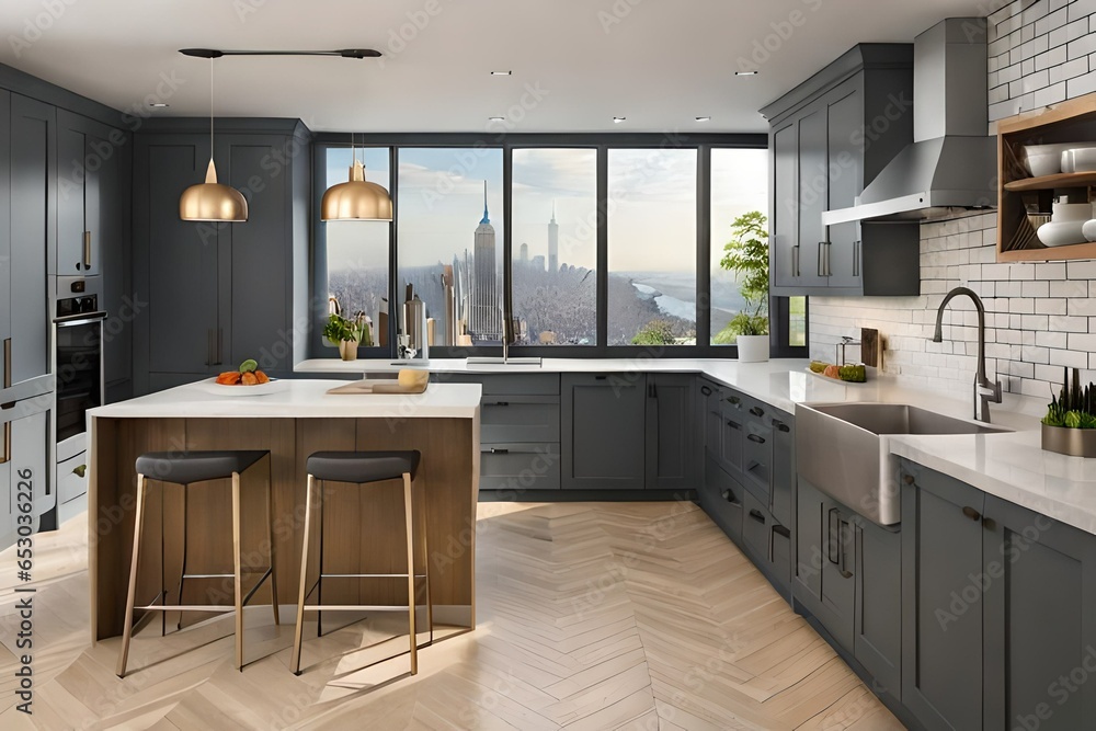 Stylish kitchen corner with white and brick walls, wooden floor, beige countertops with built in sink and stove, white cabinets and picture with New York cityscape. Modern kitchen interior