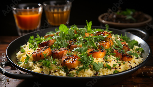 Freshness and gourmet meal grilled meat, tomato salad on wooden plate generated by AI