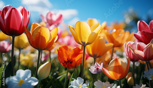 Vibrant tulips blossom, showcasing nature beauty in multi colored meadow generated by AI