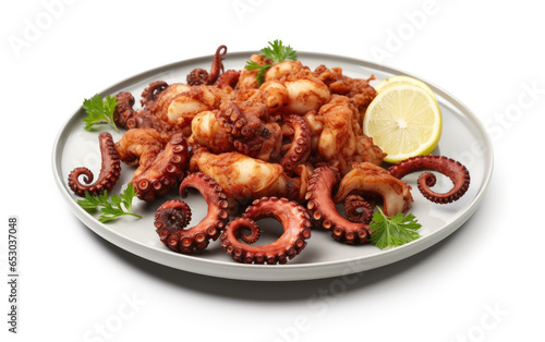 Closeup shot of a delicious fried octopus on a plate with lemon and herbs isolated on a white background © RichGraphix