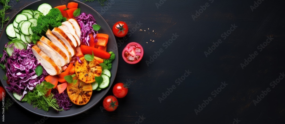 Wholesome salad with chicken and assorted vegetables on a dark background Balanced diet Flat lay Wholesome salad with chicken and assorted vegetables on a dark background Balanced diet Flat lay