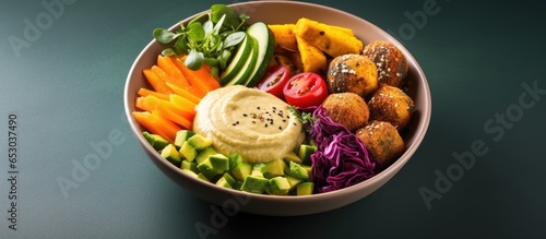 Middle eastern themed bowl with falafel quinoa squash tomatoes avocado hummus greens and sauce