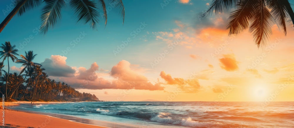 Tropical beach with palm trees against a sunset sky vintage effect peaceful nature view
