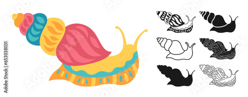 Snail with comic ornament set. Funny mollusk silhouette shape or symbol, doodle tattoo, stamp or linear ornate cartoon snails collection. Happy abstract slug kid design. Detailed child graphic vector