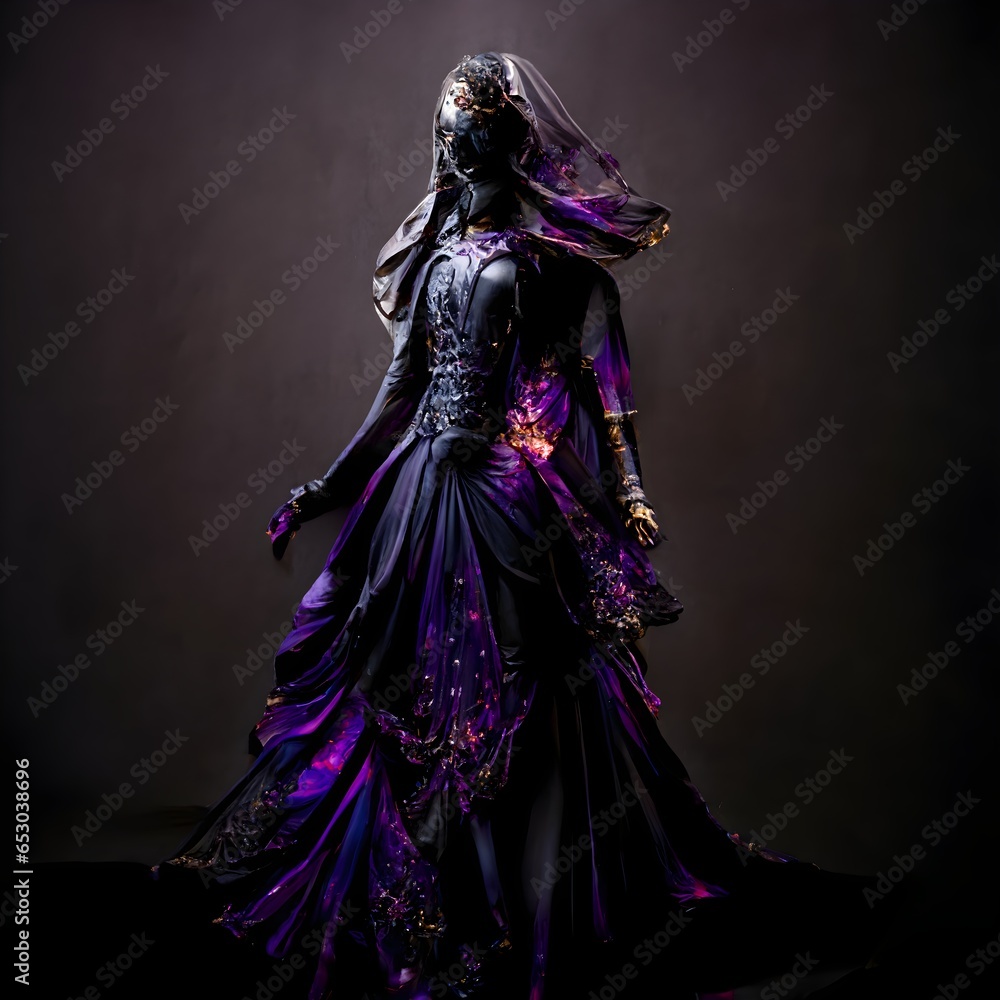 full body fashion photography black with light purple trim exquisite detail 30megapixel 4k 85mmlens sharpfocus intricatelydetailed long exposure time f8 ISO 100 shutterspeed 1125 