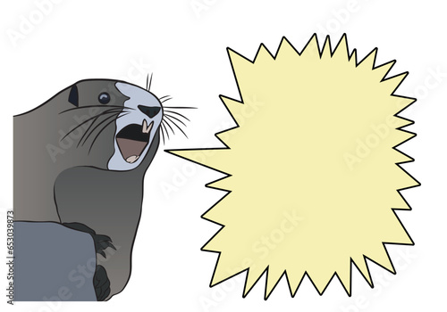  Cartoon drawing of a screaming beaver with burst balloons. Muskrat meme shout balloons. Vector illustration isolated on transparent background.