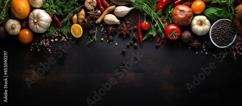 Cooking ingredients displayed on black stone table with spices herbs and vegetables Top view with space for text