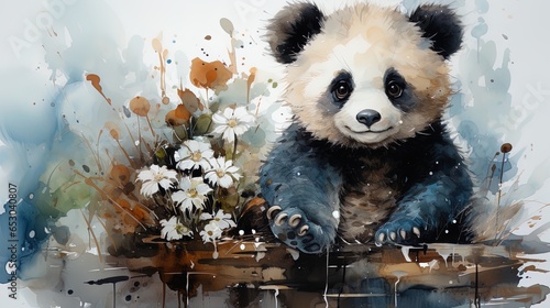 A Watercolor painting of an adorable young panda surrounded by flowers. © HC FOTOSTUDIO