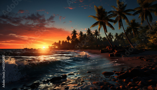 Tropical sunset, palm tree silhouette, tranquil coastline, reflecting beauty generated by AI