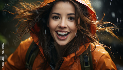 Young woman smiling in the rain, enjoying the autumn outdoors generated by AI