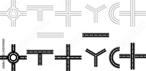 outline silhouette Intersection road icon set.Street junction elements