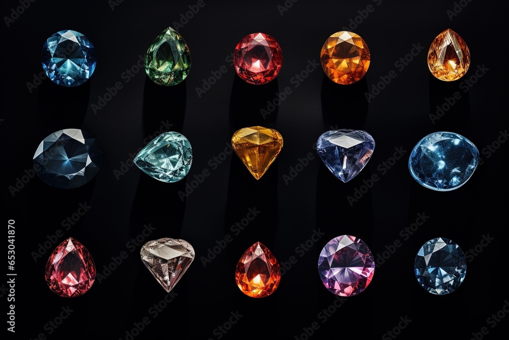 Jewel on black shine color, Collection of many different natural gemstones amethyst, lapis lazuli, rose quartz, citrine, ruby, amazonite, moonstone, labradorite, chalcedony, blue topaz Jewel on black shine color, Collection of many different natural gemstones amethyst, lapis lazuli, rose quartz, citrine, ruby, amazonite, moonstone, labradorite, chalcedony, blue topaz