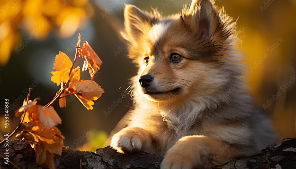 Cute puppy playing in the autumn forest, enjoying nature beauty generated by AI Cute puppy playing in the autumn forest, enjoying nature beauty generated by AI