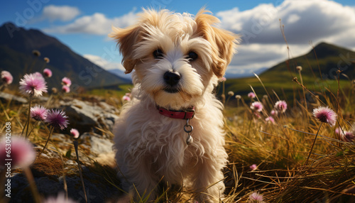 Cute puppy sitting in grass, enjoying nature beauty generated by AI © grgroup