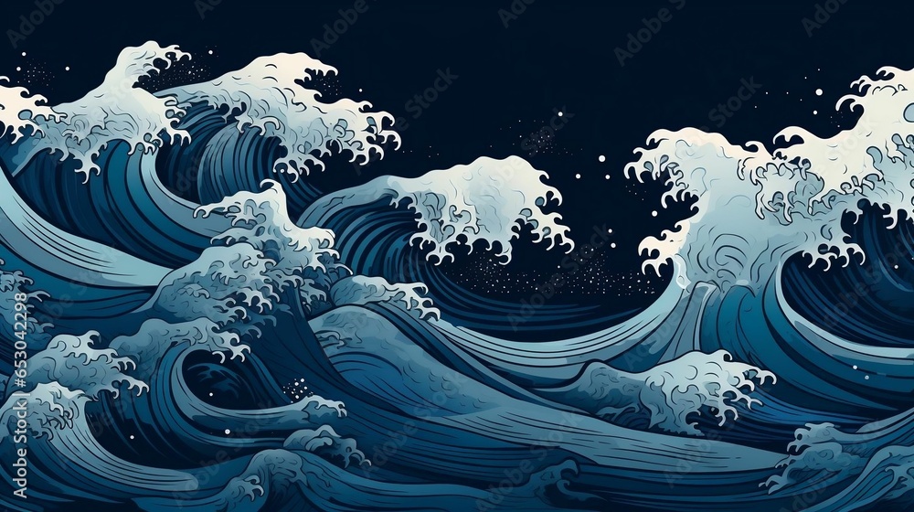 Ukiyo-e style splashing ocean tide on dark blue background
 - obrazy, fototapety, plakaty 