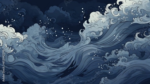 Ukiyo-e style splashing ocean tide on dark blue background 