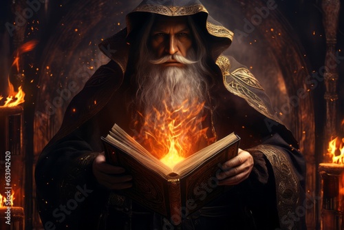 a drawing illustration of a old fire magic wizard man with long grey hair and white beard holding a magical book and using fire ball spells. background wallpaper. Generative AI