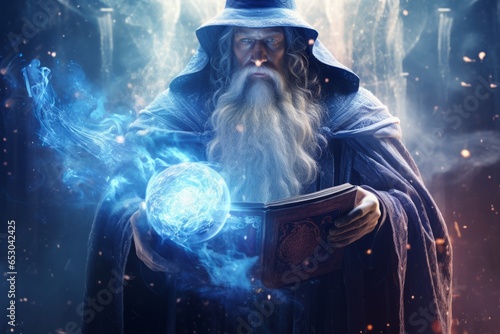 a drawing illustration of a old ice magic wizard man with long grey hair and white beard holding a magical book and using freeze sphere spells. background wallpaper. Generative AI