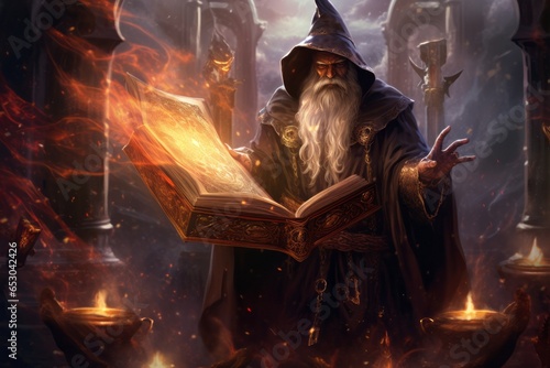 a drawing illustration of a old fire magic wizard man with long grey hair and white beard holding a magical book and using fire ball spells. background wallpaper. Generative AI