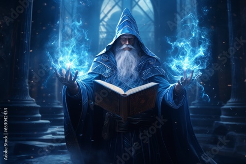 a drawing illustration of a old ice magic wizard man with long grey hair and white beard holding a magical book and using freeze sphere spells. background wallpaper. Generative AI