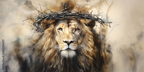 Fotografering Majestic Lion of Judah, Watercolor Art Depicting Jesus, the Lamb and King of Kings Wearing Crown Of Thorns