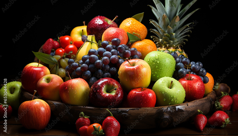 Freshness and variety of healthy fruits on wooden table generated by AI