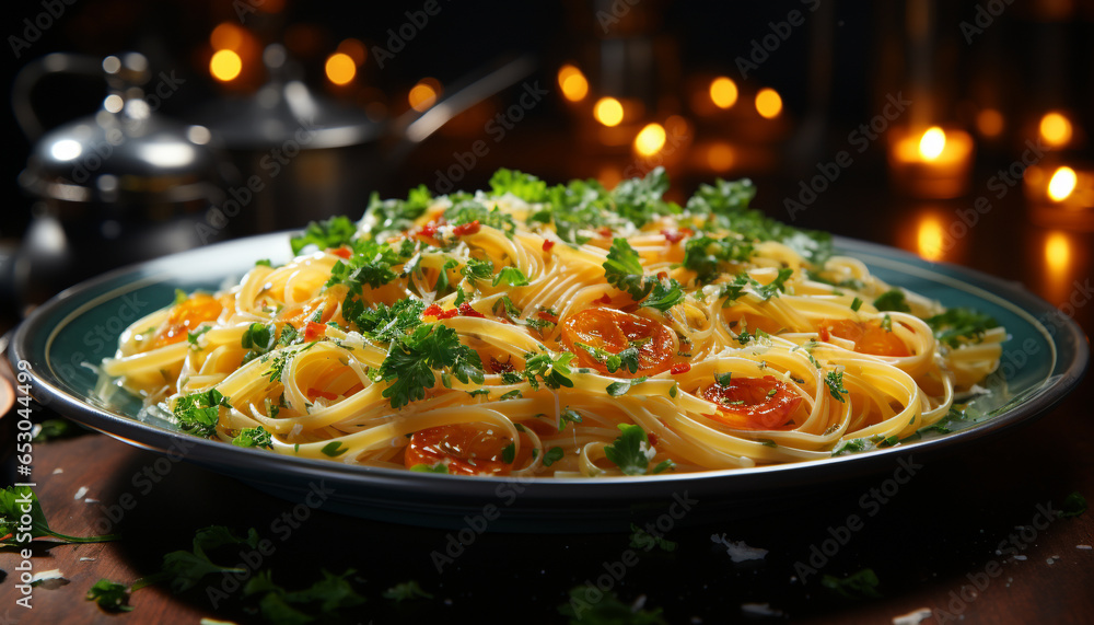 Fresh homemade pasta on rustic wooden plate, garnished with parsley generated by AI Fresh homemade pasta on rustic wooden plate, garnished with parsley generated by AI