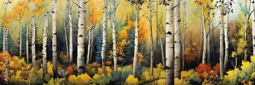 forest trees leaves autumn aspen grove background soft brown yellow blacks buff covert tall mountains birches photo