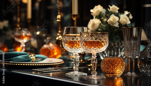 Luxury bar table, elegant wineglass, celebration of modern elegance generated by AI