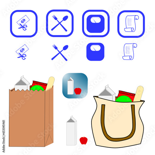 groceries, coupons, recipes, scale, and list icons